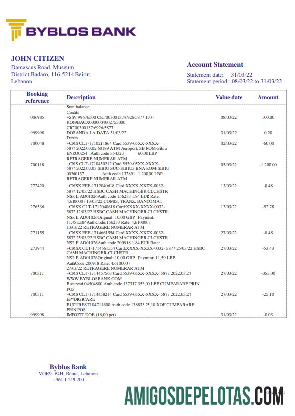 Modelo de extrato bancário do Líbano Byblos para impressão em formato Word e PDF
